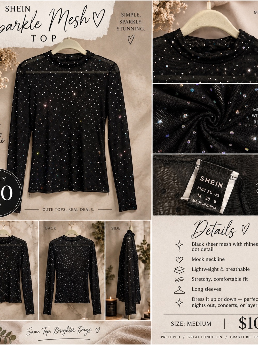 SHEIN Black Sparkle Mesh Top - Long Sleeve Rhinestone Tee